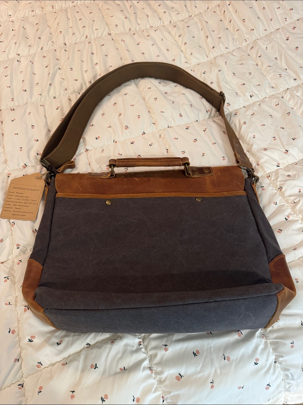 Canvas Messenger Bag with Leather Flap and trim- Brown and Charcoal - Picture 2 of 6